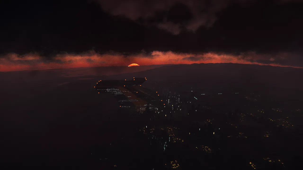 Mit den Wolken nun auf Hurston, wirkt der Sonnenaufgang echt bedrohlich, leider killt aber TAA bei stillem Bild doch etwas die Immersion :') .
